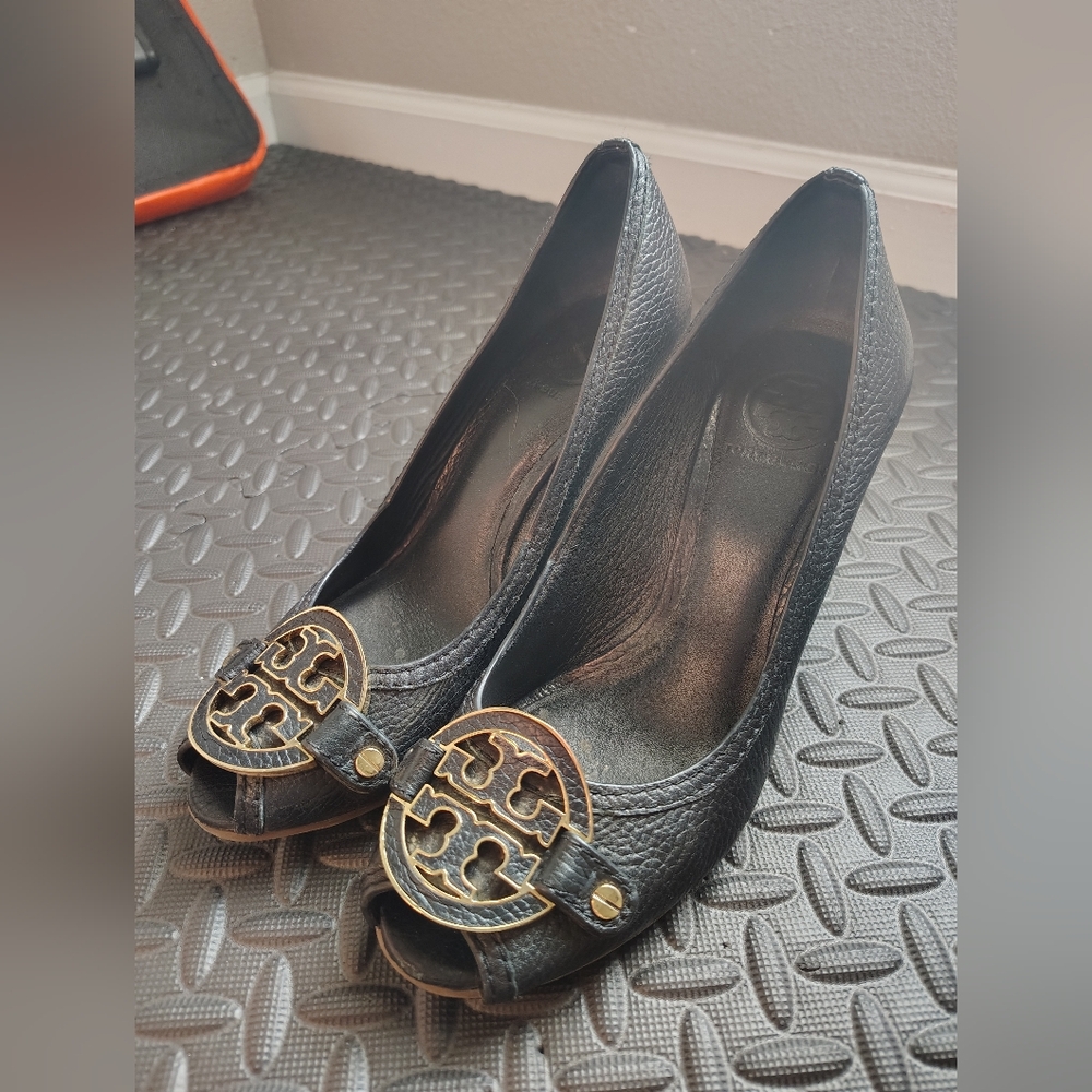 Tory Burch Black Peep-Toe Heels with Gold Accents